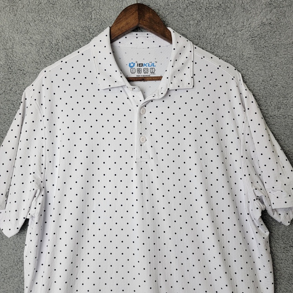 IBKUL Golf Polo Shirt Mens XL White Black Polka Dots UPF 50 Quick‎ Dry Stretch